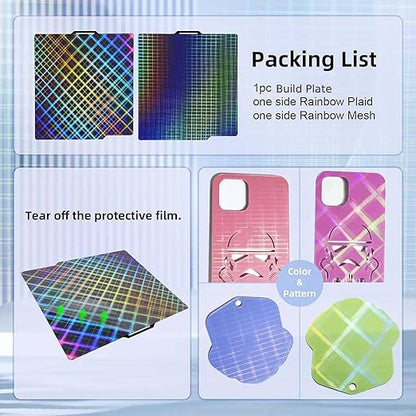 IdeaFormer Smooth Rainbow Plaid+Rainbow Mesh PES Build Plate 257x257mm, PES Spring Steel Sheet Platform for Bambu Lab A1/X1C/X1/X1E/P1P/P1S 3D Printers Bed