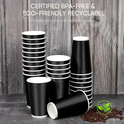 100 Pack 16 oz Disposable Coffee Cups with Lids and Straws, Insulated Ripple Wall To Go Paper Corrugated Cups, Bulk for Hot/Cold Drinks, Cafe Bar, Office, Chocolate, Cocoa (Black)