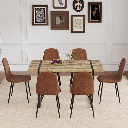 6 Chair Dining Table Set，Dinner Table Set for 6, 55'' Kitchen Table and PU Leather Chairs Set of 6, 7 Piece Dining Table Set for Kitchen Dining Room