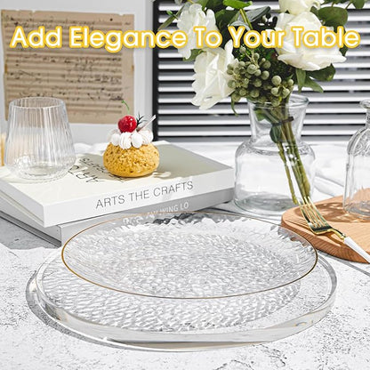 100PCS Clear and Gold Plastic Plates, 10 Inch Disposable Dinner Plates with Gold Rim, Heavy Duty Stone Texture Plastic Plates for Party and Weddings