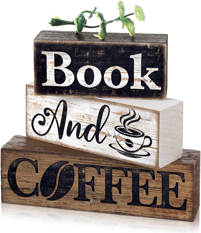 Moucuny 4 Pcs Farmhouse Table Decor Rustic Wooden "book and Coffee" Stacked by Moucuny