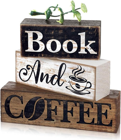 Moucuny 4 Pcs Farmhouse Table Decor Rustic Wooden "book and Coffee" Stacked by Moucuny