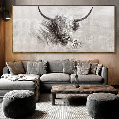 Framed Extra Large Gray Gold and White Cow Canvas Wall Art with Flower Modern Farmhouse Animal Poster for Living Room Bedroom Office Wall Decor 40x88 Inch