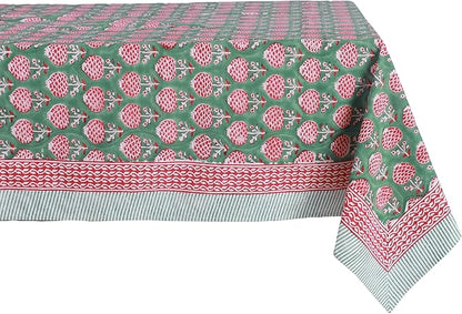 ATOSII Roma Green 100% Cotton Rectangle Spring Summer Tablecloth, Handblock Floral Table Cloth Linen for Kitchen Dining I Parties Wedding Outdoors Easter Picnics Holidays I 72 X 140 Inches I 12 Seater