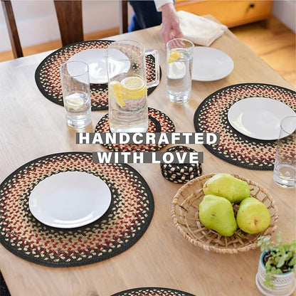 Homespice Primitive Star Gloucester Round Braided Placemats, Warm Primitive Decor, Set of 2, 15" Black and Red Jute Table Mats - Vibrant Colors, Durable, Easy to Clean and Protects Furniture