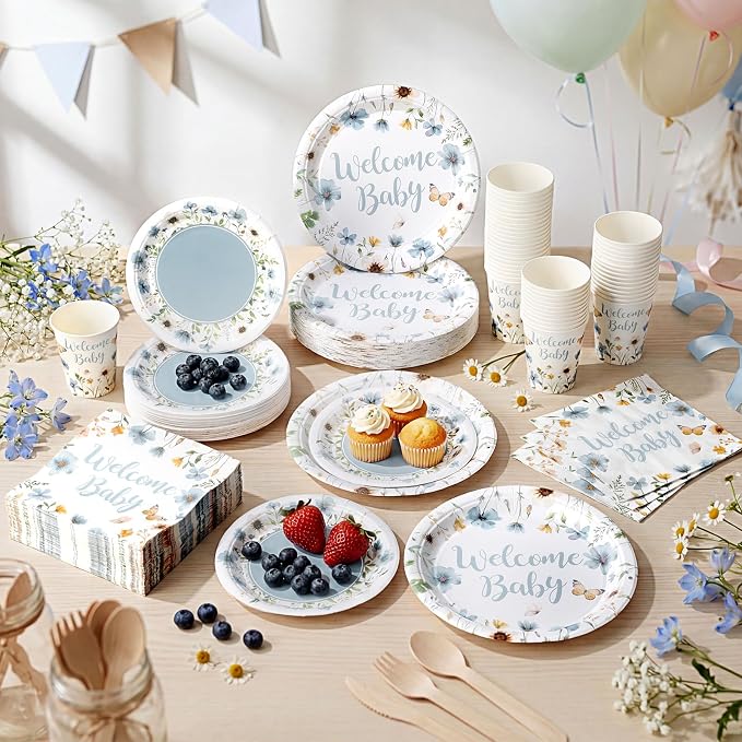 Pickmesh 250 Pcs Blue Floral Baby Shower Party Supplies Decorations Serve 50 - Image 6