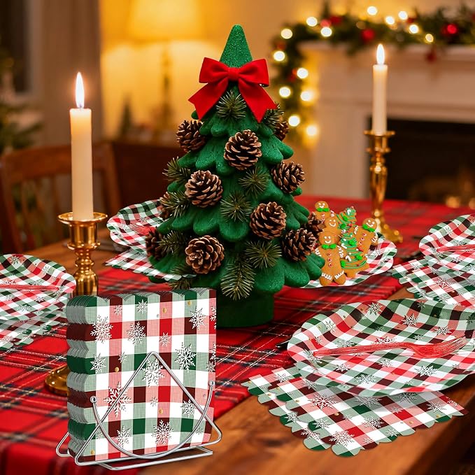 96 Pieces Christmas Plaid Tableware Set – Red and Green Checkered Disposable - Image 5
