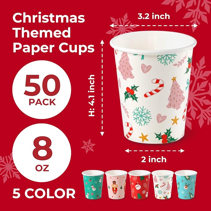 Fit Meal Prep 50 Pack 8 oz Christmas Coffee Cups, Durable Thickened Christmas - Image 2
