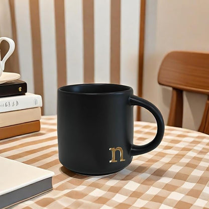 COLLECTIVE HOME Black Ceramic Coffee Mug, 15 oz Golden Monogram Tea Cup | - Image 5