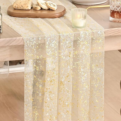 Artoid Mode Gold Gauze Champagne Table Runner 120 Inch 10FT, Glitter Metallic Foil Sheer Dining Wedding Anniversary Holiday Birthday Table Decor for Home Party