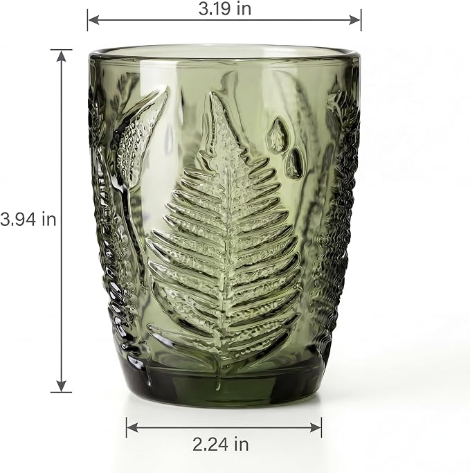 Green Drinking Glasses Set of 8, 10 oz Glass Cups, Vintage Fern Glassware | - Image 4