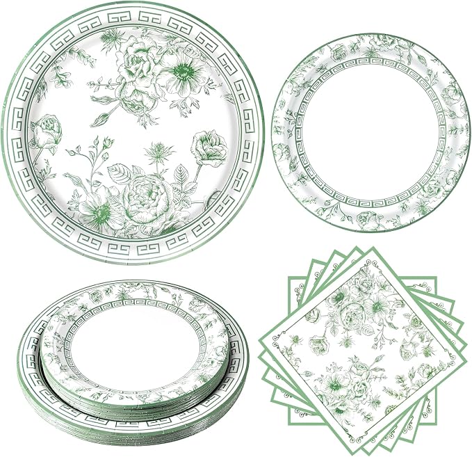 60Pcs Sage Green Floral Plates and Napkins Party Supply, Serves 20 | Disposable by BORAENDEY