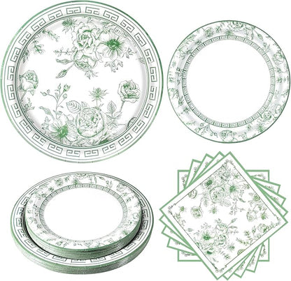 60Pcs Sage Green Floral Plates and Napkins Party Supply, Serves 20 | Disposable by BORAENDEY