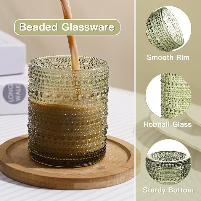 JOVGANK Green Vintage Hobnail Drinking Glasses Set of 6, Embossed Water Tumbler - Image 4