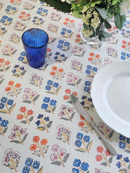 ATOSII Flora Bloom 100% Cotton Rectangle Boho Fall Tablecloth, Handblock Floral Table Cloth Linen for Kitchen Dining I Parties Wedding Outdoors Christmas Thanksgiving I 72 X 140 Inches I 12 Seater