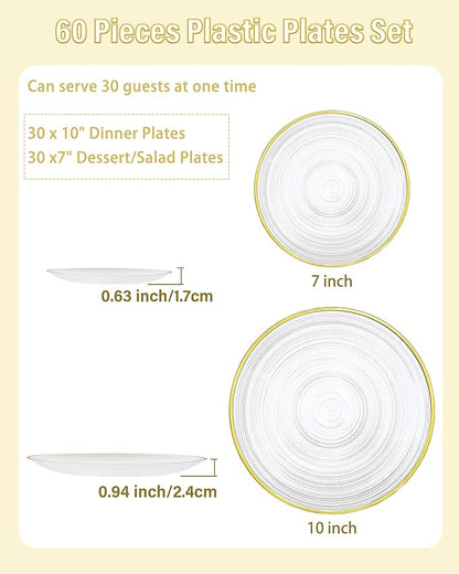 Morejoy 60Pcs Clear Plastic Plates,Clear Disposable Plates With Gold Rim,Heavy-duty Gold Plate, Modern swirl design Plate Include 30Clear Dessert-Platos,30Dinner-Platos for Party&Christmas