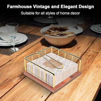 Livabber Flat Napkin Holder, Metal Kitchen Napkin Storage with Weighted Tension Arm Rustic Tissue Paper Dispenser for Countertop, Table Kitchen, Dining Room (With Wooden Base, Gold)