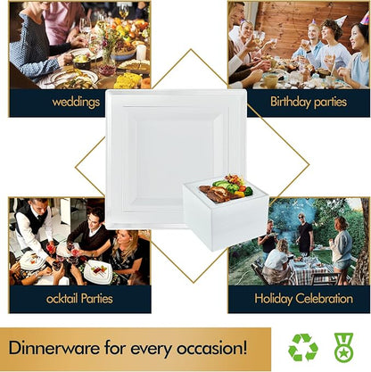 Vplus 90 Piece 9.5 Inch Silver Plastic Plates Disposable, Heavy Duty White Elegant Durable Dinner Plastic Party Plates with Silver Rim Perfect for Party Christmas