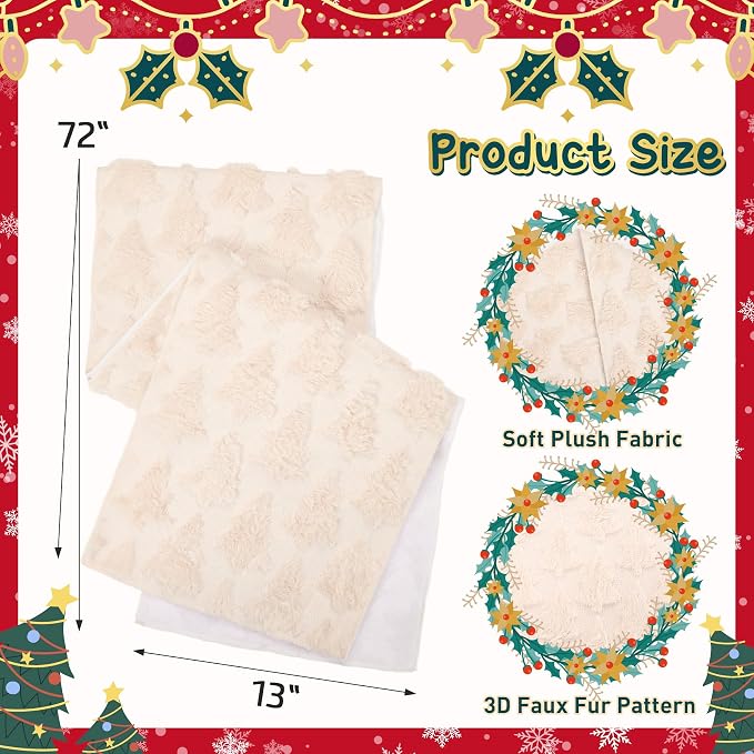 Christmas Trees Table Runner Soft Plush Faux Fur Cream Tree Christmas Table - Image 4