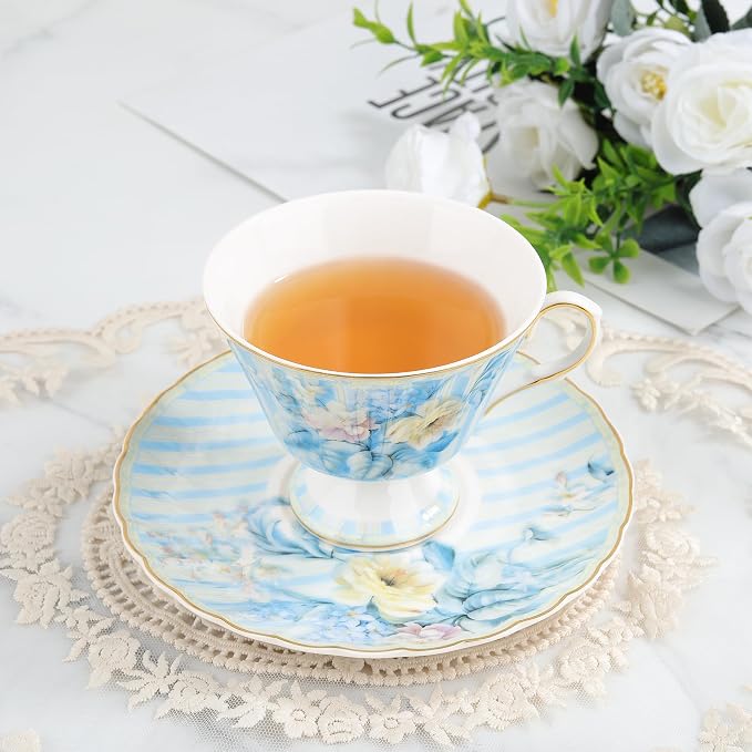 fanquare Vintage Blue Striped Tea Cup and Saucer, Hydrangea Flower Coffee Mug - Image 2