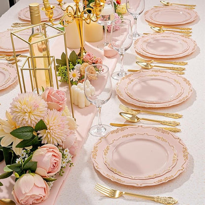 DaYammi 150Pcs Pink Plastic Plates with Gold Rimmed & Gold Silverware,Pink Disposable Plates for Party Include 30 Dinner Plate,30 Dessert Plate,30 Knives,30 Forks,30 Spoons for Valentine's Day Party