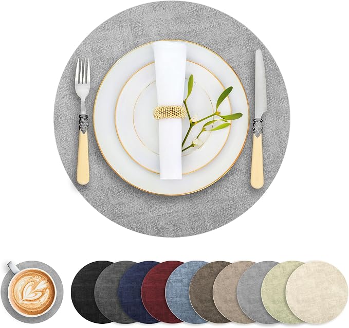 Round Faux Leather Placemats and Coasters, Reversible Heat Resistant Non-Slip by LANDVIEW