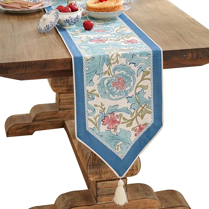 Patdrea Designer Vintage French Linen Table Runner, Elegant Blue Floral Pattern by patdrea
