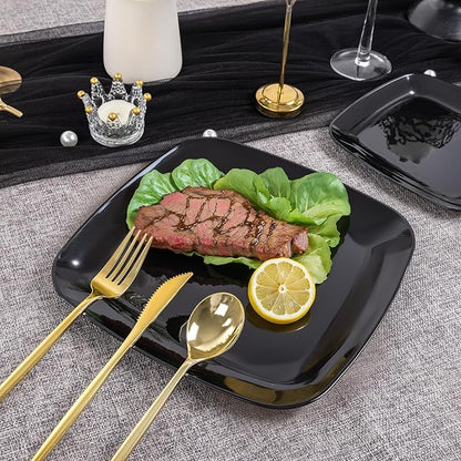 PULOTE 100 PCS Black Square Plastic Plates Disposable - Include 50 Each (10" Dinner & 7.25" Dessert) Plates - Ideal for Party & Halloween