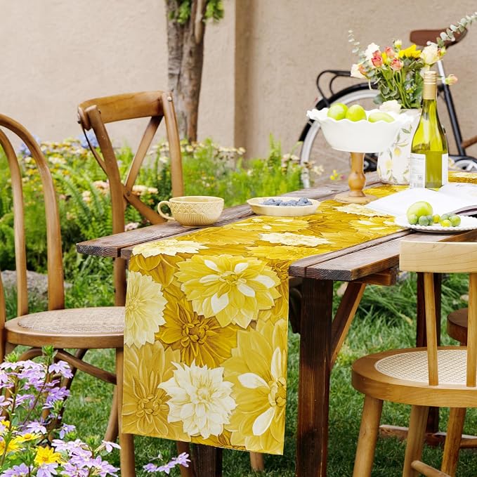 Yellow Dahlia Flower Summer Table Runner Yellow Gray Burlap Table Runners - Image 9