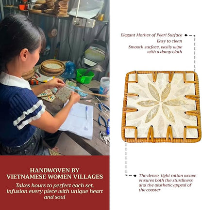 Handmade Rattan Coaster Set of 6, Cute Square Coasters with Mother of Pearl,Colorful Boho Coaster for Decorative, Coffee Table - Bar & Outdoor Drink Coasters, Unique Housewarming - Occasions Gift