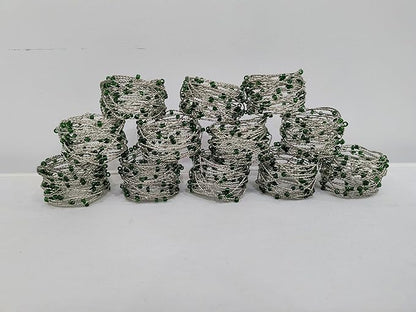 Silver Green Beaded Napkin Ring Set of 12 - Beautiful Fancy Elegant Decorative Napkin Holder for Dinner Table Decoration, Easter, Farmhouse, Wedding, Party, Family Gathering, New Year, Everyday Use