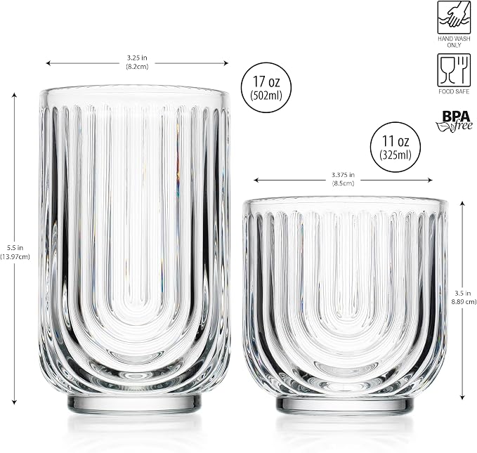 Glaver's 8-Piece Drinking Glass Set, Art Deco Ribbed Arch Glassware, 17oz - Image 3