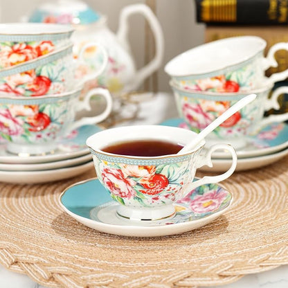 fanquare 21-Piece Green and Floral Porcelain Tea Set, Vintage Ceramic Tea Cup - Image 4