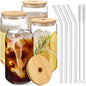 Drinking Glasses with Bamboo Lids and Glass Straw 4pcs Set - 16oz Glass Cups by NETANY