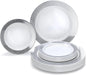 OCCASIONS 240 Plates Pack,(120 Guests) Heavyweight Premium Wedding Party Disposable Plastic Plates Set -120 x 10.5'' Dinner + 120 x 7.5'' Salad/Dessert (Linen White & Silver)