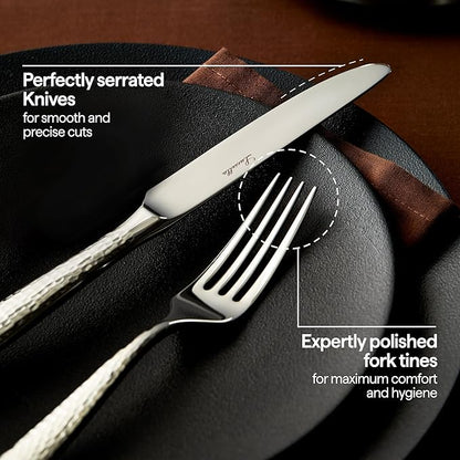 Luciella Ponza Flatware Set for 12, 65-Piece Stainless Steel Silverware Set with Serving Utensils, Timeless Hammered Design, Rust-Resistant, Mirror Polished & Dishwasher Safe