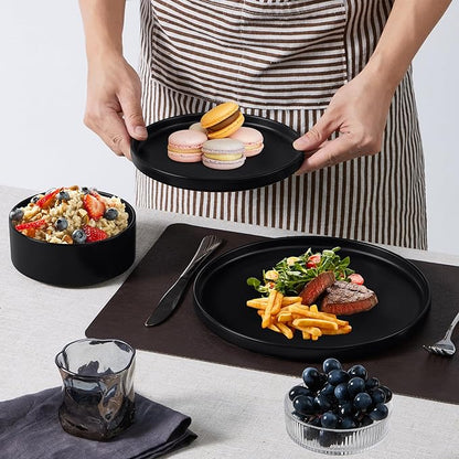 E-far 16-Piece Black Plates and Bowls Sets - Stoneware Dinnerware Sets with Pasta Bowls for 4 | Matte Black Kitchen Modern Dish Set, Microwave & Dishwasher Safe