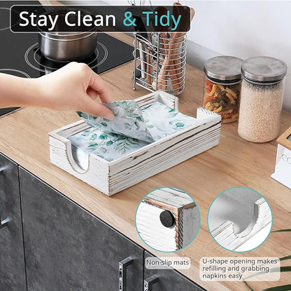 Napkin Holder for Bathroom, White Washed Wood Guest Towel Holder Tray for Bathroom, Disposable Paper Hand Towel Holder for Bathroom Accessories, Dinner Napkin Holder for Kitchen Table Party