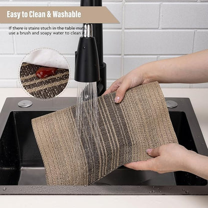 Winknowl Placemats, Set of 6 Heat Resistant Stain Resistant Woven Vinyl Insulation Place mats, Durable Washable Elegant Table Mats for Dining (Brown)