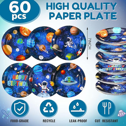 60 Pcs Outer Space Birthday Party Supplies 7 Inch Solar System Paper Plates Astronaut Dessert Plates Space Theme Party dishes for Birthday Baby Shower Decorations