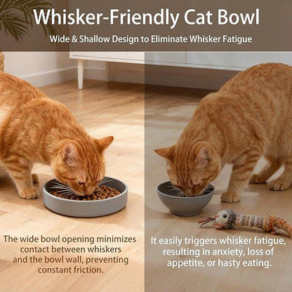Silicone Cat Bowl Shallow Non-Slip Cat Dishes Set of 2 Relief Whisker Fatigue Small Pet Dog Bowls for Dry & Wet Food (Round Grey)