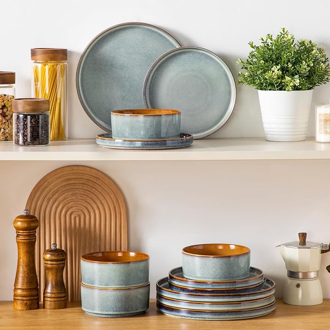 vancasso ONION Ceramic Plates and Bowls Sets, 12 Pieces Light Blue Dinnerware - Image 5