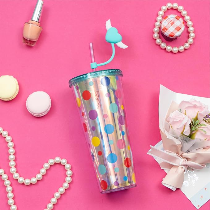 bzyoo 24 oz SIP Tumbler with Heart-Shaped w/Wing Straw Cap Cover– Cute DotDot - Image 2
