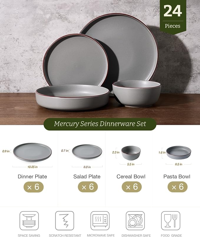 Famiware Mercury 24-Piece Stoneware Plates and Bowls, Dark Grey | Dinnerware Set - Image 2