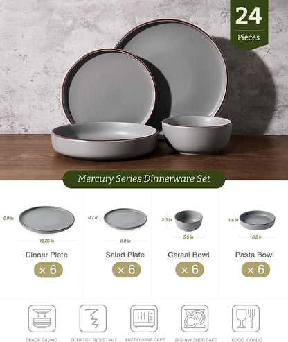 Famiware Mercury 24-Piece Stoneware Plates and Bowls, Dark Grey | Dinnerware Set - Image 2