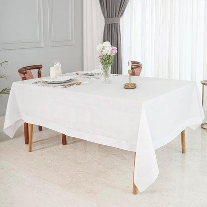 D'Moksha Homes White Linen Tablecloth for Rectangle Tables 60 x 140 Inch - Classic Hemstitch 100% Pure Linen White Tablecloth - Machine Washable Cloth Table Cloth for Valentines, Spring, Easter
