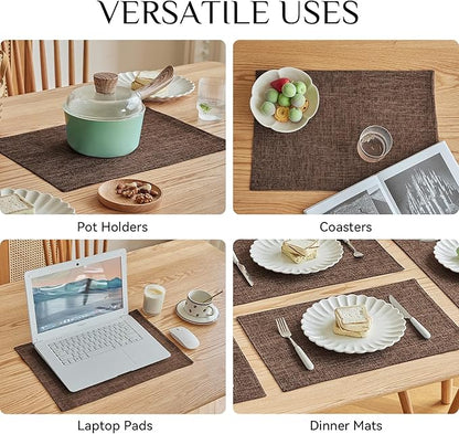 Softalker Faux Linen Placemats Set of 6-12 x 18 Inch, Heat Resistant Double Layered Durable Burlap Farmhouse Place Mats, Non-Slip Washable Rustic Table Mats for Dining, Kitchen, Party（Dark Brown