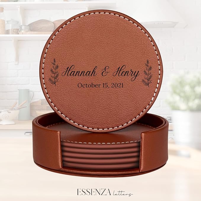 Set of 6 Engraved Leather Coasters - Image 6