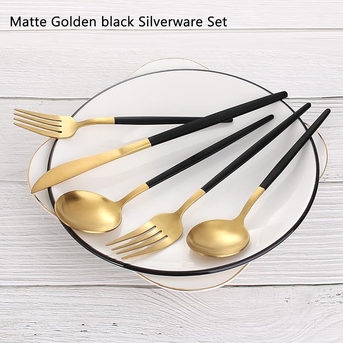 VANVRO Matte Black Gold Silverware Set, 40-Piece Stainless Steel Flatware Set - Image 3