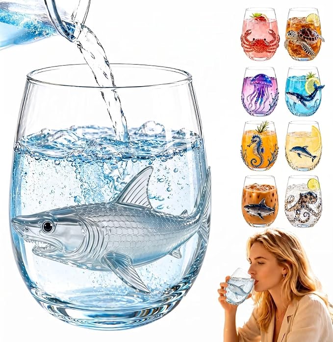 Silver Shark 3D Stemless Wine Glass, Artisanal Ocean Tumbler Cup | Handcrafted by Unknown